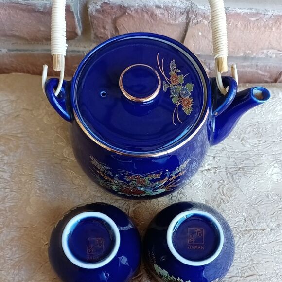 Vintage Cobalt blue kettle w 4 cups Japan - Picture 12 of 13